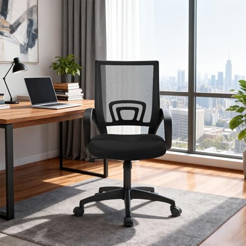 BestOffice | Ergonomic Office Chair | Mid-Back Swivel Desk Chair | Breathable Backrest & Lumbar Support | Adjustable Height | Sponge Seat | Rolling Wheels | Dark Black | for Adults & Women BestOffice | Ergonomic Office Chair | Mid-Back Swivel Desk Chair | Breathable Backrest & Lumbar Support | Adjustable Height | Sponge Seat | Rolling Wheels | Dark Black | for Adults & Women