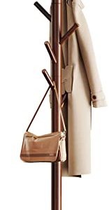 Pipishell Sturdy Wooden Coat Tree with 8 Hooks, 3 Adjustable Sizes for Clothes, Hat Stand Used in Bedroom/Office/Entryway, Brown