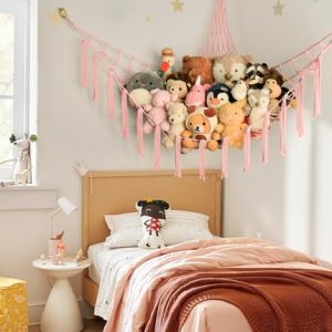 Stuffed Animal Storage Hammock Corner Net - Pink Room Christmas Decor for Teen Girls - Toys Storage Hanging Stuff Animal Organizer Holder Cute Stuff - Boho Nursery Dorm Bedoom Decor Aesthetic
