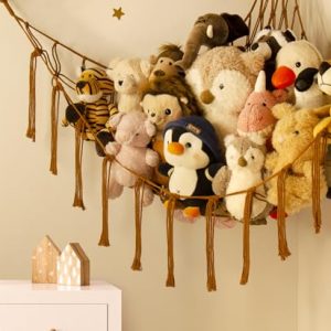 Stuffed Animal Hammock-Large Stuffed Animal Net For Toys Corner-Hanging Stuff Animal Toy Storage Organizer For Plush Plushie Display Caramel Toy Storage Girl Room Bedroom Boho Nursery Decor