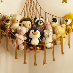 Stuffed Animal Hammock-Large Stuffed Animal Net For Toys Corner-Hanging Stuff Animal Toy Storage Organizer For Plush Plushie Display Caramel Toy Storage Girl Room Bedroom Boho Nursery Decor