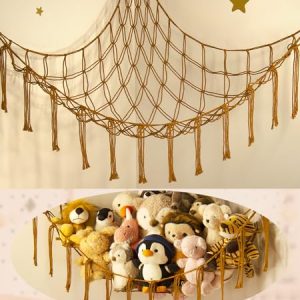 Stuffed Animal Hammock-Large Stuffed Animal Net For Toys Corner-Hanging Stuff Animal Toy Storage Organizer For Plush Plushie Display Caramel Toy Storage Girl Room Bedroom Boho Nursery Decor